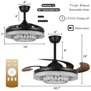 FINE MAKER 42" Bluetooth Fandelier Ceiling Fan with Light, Modern Black Reversible Chandelier Fan with RGB Light Colors Retractable Blades Light Fixture for Bedroom Living Room