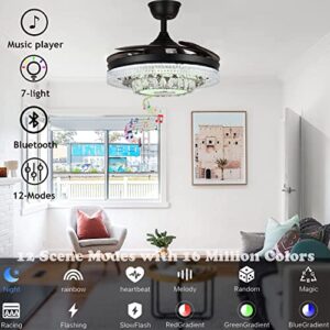 FINE MAKER 42" Bluetooth Fandelier Ceiling Fan with Light, Modern Black Reversible Chandelier Fan with RGB Light Colors Retractable Blades Light Fixture for Bedroom Living Room