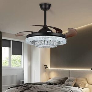 FINE MAKER 42" Bluetooth Fandelier Ceiling Fan with Light, Modern Black Reversible Chandelier Fan with RGB Light Colors Retractable Blades Light Fixture for Bedroom Living Room