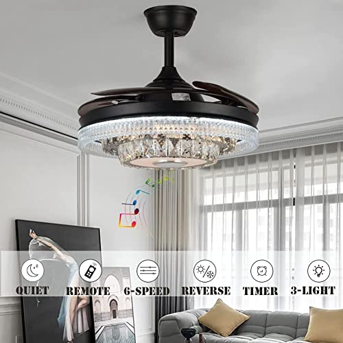 FINE MAKER 42" Bluetooth Fandelier Ceiling Fan with Light, Modern Black Reversible Chandelier Fan with RGB Light Colors Retractable Blades Light Fixture for Bedroom Living Room