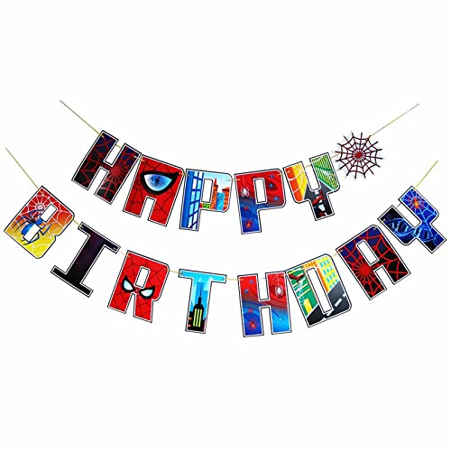 Spider Hero Happy Birthday Banner for Kids Boys Girls Cartoon Hanging Banner Birthday Party Decorations