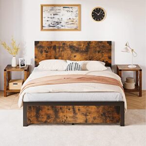 amyove queen bed frame with storage, queen siz bed frame with 4 drawers, rustic wood and metal bed frame with large storage, noise free, no box spring needed
