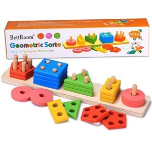 bettroom wooden educational preschool toddler toys for 3 4-5 year old boys girls shape color recognition geometric board blocks stack sort kids children non-toxic toy(14in)