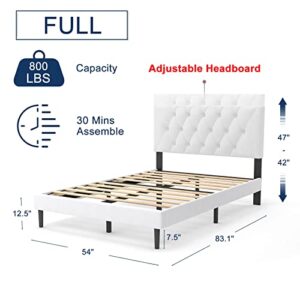 Molblly Full Size Platform Bed Frame with Adjustable Headboard, Linen Fabric Wrap, Strong Frame and Wooden Slats Support, No Box Spring Needed, Non-Slip and Noise-Free, Easy Assembly, White