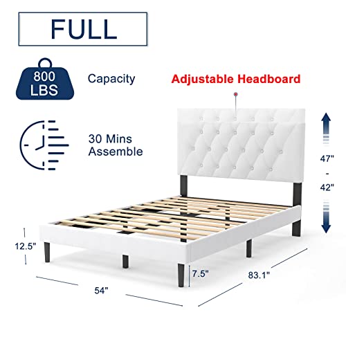 Molblly Full Size Platform Bed Frame with Adjustable Headboard, Linen Fabric Wrap, Strong Frame and Wooden Slats Support, No Box Spring Needed, Non-Slip and Noise-Free, Easy Assembly, White