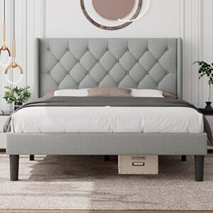 feonase upholstered queen bed frame with wingback, platform bed with diamond tufted headboard, heavy duty bed frame, wood slat, easy assembly, noise-free, no box spring needed, light gray