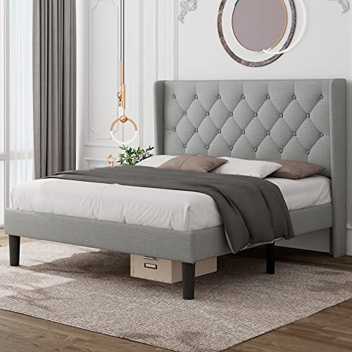 Feonase Upholstered Queen Bed Frame with Wingback, Platform Bed with Diamond Tufted Headboard, Heavy Duty Bed Frame, Wood Slat, Easy Assembly, Noise-Free, No Box Spring Needed, Light Gray