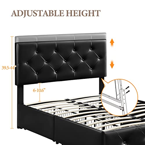 Yaheetech Upholstered Bed Frame with 4 Storage Drawers and Adjustable Headboard, Faux Leather Platform Bed Frame with Mattress Foundation, Strong Wooden Slats Support, No Box Spring Needed, Black-Full