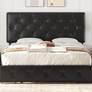 Yaheetech Upholstered Bed Frame with 4 Storage Drawers and Adjustable Headboard, Faux Leather Platform Bed Frame with Mattress Foundation, Strong Wooden Slats Support, No Box Spring Needed, Black-Full