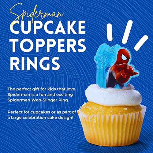 Spiderman Web-Slinger Rings, 12 Pack Cupcake Toppers, Two Designs, Party Favors.