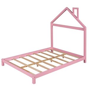 Merax Full Kids Bed House Shaped Low Beds for Toddlers, Wood Platform Bed Frame for Children,No Box Spring Needed,Easy Assemble (Full,Pink