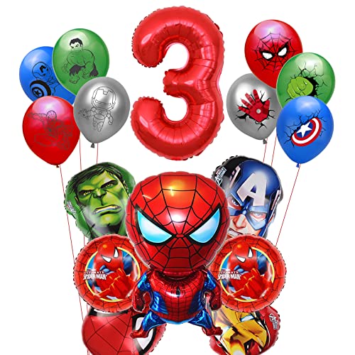 16PCS Superhero Birthday Party Balloons Spider Foil Balloons，Children's Superhero Theme 3th Birthday Party Decorations (3 Years old)