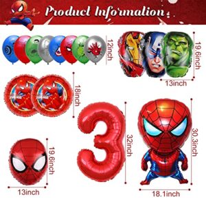 16PCS Superhero Birthday Party Balloons Spider Foil Balloons，Children's Superhero Theme 3th Birthday Party Decorations (3 Years old)