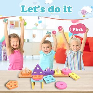 Montessori Stacking Toys Shape Sorter: Wooden Toddler Learning Activity Color Sorting 1 Year Old Girl Sensory Blocks Age 2 Boy 36 Months Baby Wood Puzzles 12-18 Preschool Educational Gifts Kids 3 4