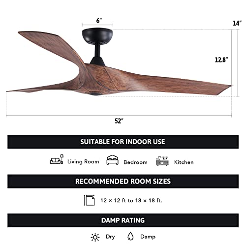 VONLUCE 52" Ceiling Fan No Light with Remote Control, Industrial Ceiling Fans with 3 Walnut Plastic Blades, Mid Century Indoor Ceiling Fan Airplane Propeller for Kitchen Bedroom Living Room