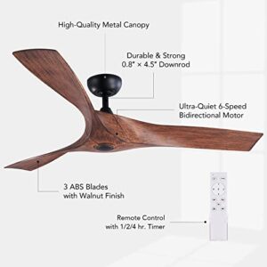 VONLUCE 52" Ceiling Fan No Light with Remote Control, Industrial Ceiling Fans with 3 Walnut Plastic Blades, Mid Century Indoor Ceiling Fan Airplane Propeller for Kitchen Bedroom Living Room