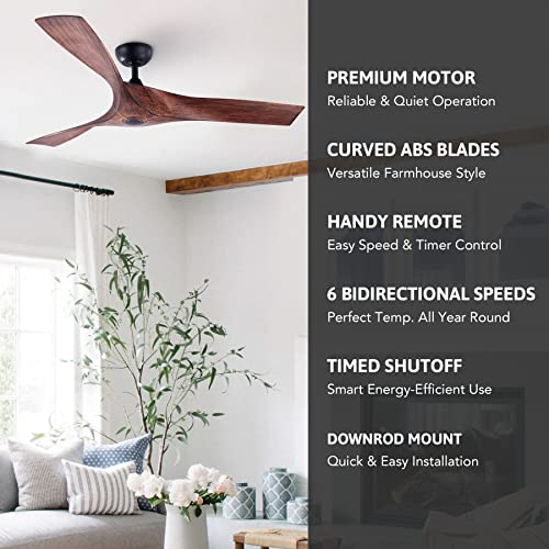 VONLUCE 52" Ceiling Fan No Light with Remote Control, Industrial Ceiling Fans with 3 Walnut Plastic Blades, Mid Century Indoor Ceiling Fan Airplane Propeller for Kitchen Bedroom Living Room