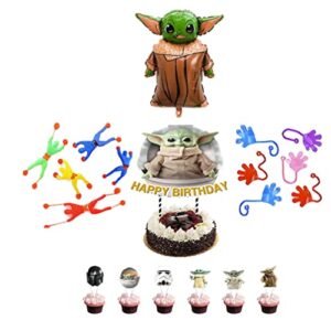 baby yoda party supplies set includes 25pcs yoda cake topper ,one big baby yoda balloon ,6pcs sticky hands , spiderman stretchy window-crawler (5 units), very interesting toy gift set