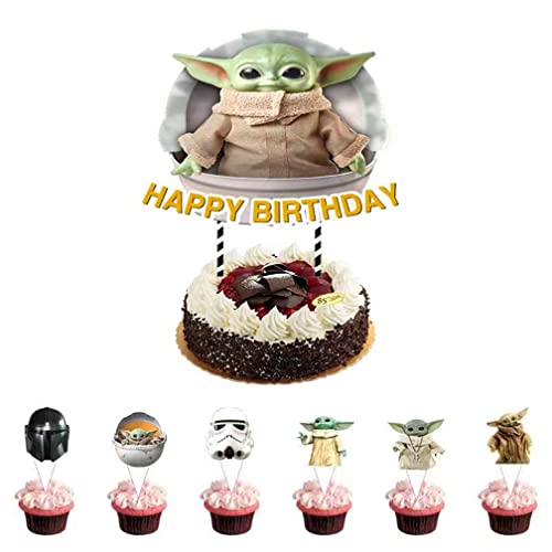 Baby Yoda Party Supplies Set includes 25pcs Yoda cake topper ,One Big Baby yoda Balloon ,6pcs STICKY HANDS , Spiderman Stretchy Window-Crawler (5 Units), Very interesting toy gift set