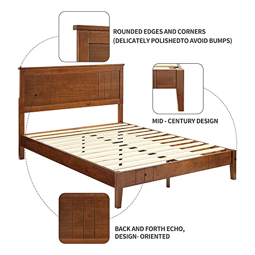 MUSEHOMEINC Mid-Century Modern Solid Wooden Platform Bed with Adjustable Height Headboard for Bedroom,Full Size Wooden Bed Frame with Headboard,Wood Slat Support & No Box Spring Needed