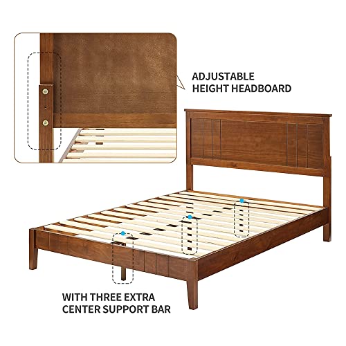 MUSEHOMEINC Mid-Century Modern Solid Wooden Platform Bed with Adjustable Height Headboard for Bedroom,Full Size Wooden Bed Frame with Headboard,Wood Slat Support & No Box Spring Needed