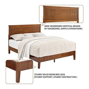 MUSEHOMEINC Mid-Century Modern Solid Wooden Platform Bed with Adjustable Height Headboard for Bedroom,Full Size Wooden Bed Frame with Headboard,Wood Slat Support & No Box Spring Needed