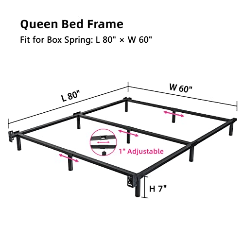 THEOCORATE Bed Frame Queen, 7 Inch Metal Basics Bed Frame, Low Profile Base for Box Spring, 9-Leg Support, Noise-Free, Easy Assembly, Black