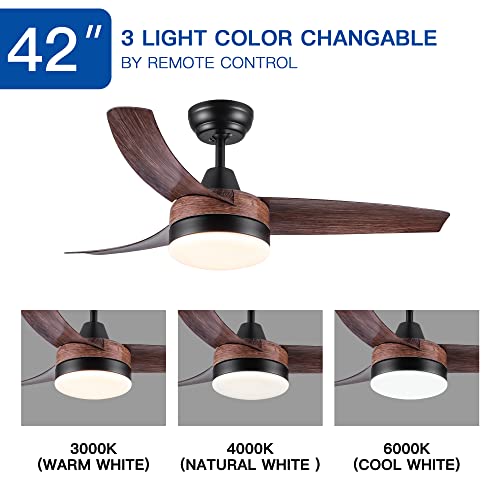 DSHADE 42 Inch Ceiling Fans with Lights Ceiling Fans with Lights and Remote Modern Ceiling Fan 3 ABS Blade Timing Ceiling Fans LED Lighting Indoor Ceiling Fan for Bedroom Living Room Indoor (Brown)