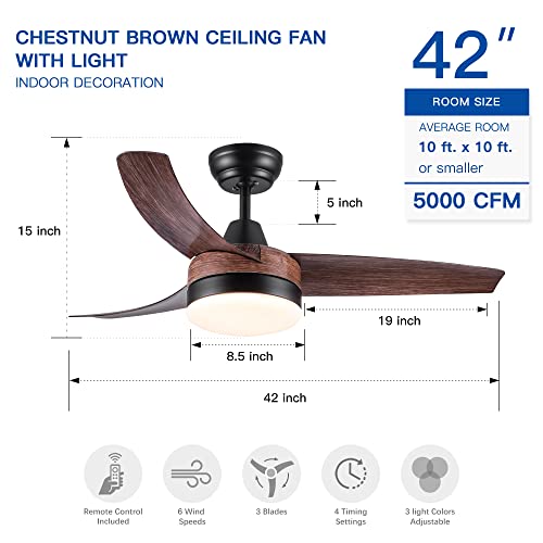 DSHADE 42 Inch Ceiling Fans with Lights Ceiling Fans with Lights and Remote Modern Ceiling Fan 3 ABS Blade Timing Ceiling Fans LED Lighting Indoor Ceiling Fan for Bedroom Living Room Indoor (Brown)