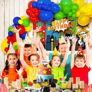 Happy Greetings 108 Pcs Super hero party decorations Balloons Arch Garland Kit, Superhero Birthday Party Backdrop hero Comic City Skyline Buildings Backdrop Theme Photo Booth 1st 2nd Bday For Kids Boy