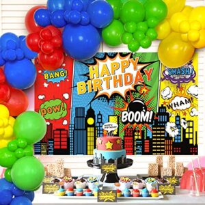 happy greetings 108 pcs super hero party decorations balloons arch garland kit, superhero birthday party backdrop hero comic city skyline buildings backdrop theme photo booth 1st 2nd bday for kids boy