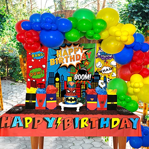 Happy Greetings 108 Pcs Super hero party decorations Balloons Arch Garland Kit, Superhero Birthday Party Backdrop hero Comic City Skyline Buildings Backdrop Theme Photo Booth 1st 2nd Bday For Kids Boy