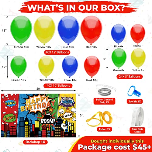 Happy Greetings 108 Pcs Super hero party decorations Balloons Arch Garland Kit, Superhero Birthday Party Backdrop hero Comic City Skyline Buildings Backdrop Theme Photo Booth 1st 2nd Bday For Kids Boy