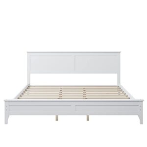 Bellemave Solid Wood Queen Platform Bed Frame with Headboard, Wooden Slats, No Box Spring Needed, Queen Size, Pine, White