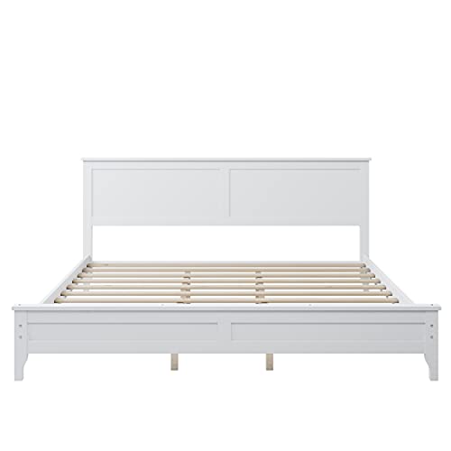 Bellemave Solid Wood Queen Platform Bed Frame with Headboard, Wooden Slats, No Box Spring Needed, Queen Size, Pine, White