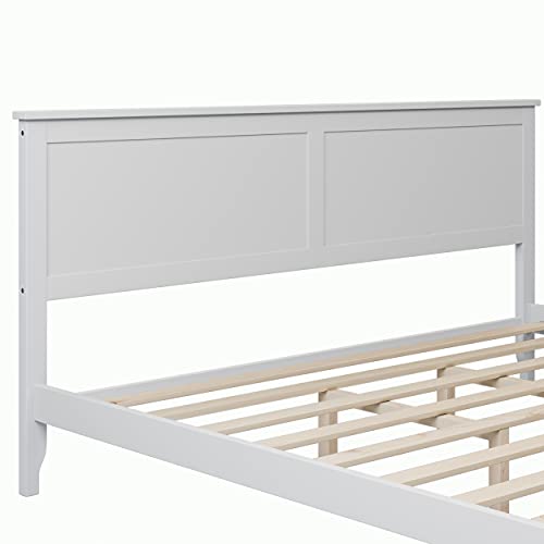 Bellemave Solid Wood Queen Platform Bed Frame with Headboard, Wooden Slats, No Box Spring Needed, Queen Size, Pine, White