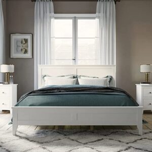 bellemave solid wood queen platform bed frame with headboard, wooden slats, no box spring needed, queen size, pine, white