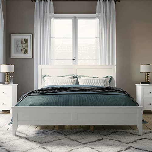 Bellemave Solid Wood Queen Platform Bed Frame with Headboard, Wooden Slats, No Box Spring Needed, Queen Size, Pine, White