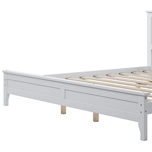 Bellemave Solid Wood Queen Platform Bed Frame with Headboard, Wooden Slats, No Box Spring Needed, Queen Size, Pine, White