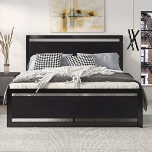sha cerlin full size bed frame with modern wooden headboard/heavy duty platform metal bed frame with square frame footboard & 13 strong metal slats support/no box spring needed, black
