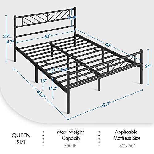 Yaheetech Queen Size Platform Bed Frame with Arrow Design Headboard, 13 Inches Metal Mattress Foundation for Storage, No Box Spring Needed, Easy Assembly, Modern, Black