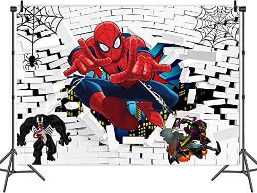 White Brick Wall Spiderman Photo Background 5x3ft Polyester Superhero Cityscape Spider Web for Children Baby Boys Birthday Party Banner Decorations Baby Shower Supplies