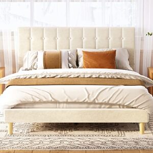 likimio queen bed frame with headboard, velvet upholstered platform beds with strong wooden slats/mattress foundation/easy assembly, beige