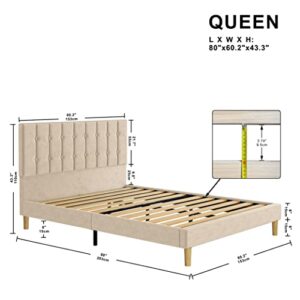 LIKIMIO Queen Bed Frame with Headboard, Velvet Upholstered Platform Beds with Strong Wooden Slats/Mattress Foundation/Easy Assembly, Beige