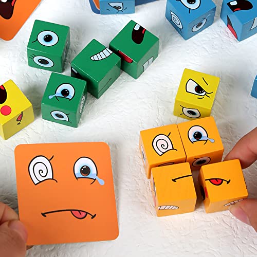 LELEMON Wooden Expressions Matching Block Puzzles Building Cubes Toy Borad Games Educational Montessori Toys for Toddler