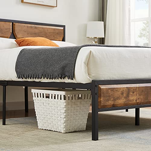 VECELO Queen Bed Frame Heavy Duty Metal Platform with Wooden Headboard Footboard Mattress Foundation 12 Strong Steel Slats Support Under Bed Storage/Easy Assemble