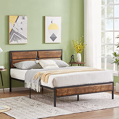 VECELO Queen Bed Frame Heavy Duty Metal Platform with Wooden Headboard Footboard Mattress Foundation 12 Strong Steel Slats Support Under Bed Storage/Easy Assemble