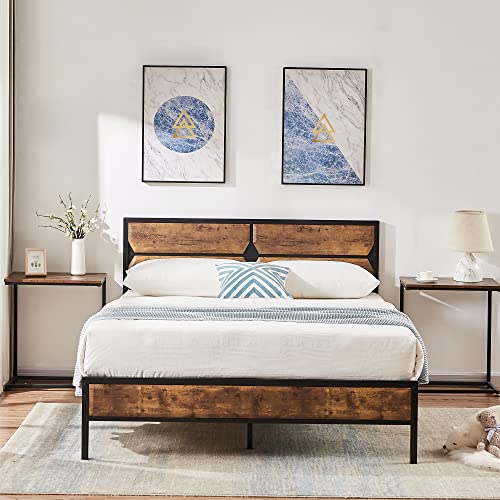 VECELO Queen Bed Frame Heavy Duty Metal Platform with Wooden Headboard Footboard Mattress Foundation 12 Strong Steel Slats Support Under Bed Storage/Easy Assemble