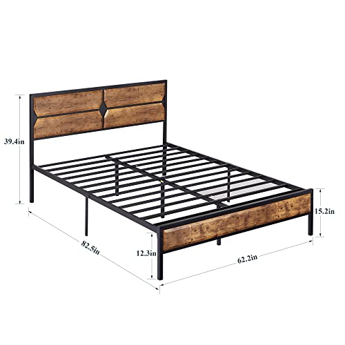 VECELO Queen Bed Frame Heavy Duty Metal Platform with Wooden Headboard Footboard Mattress Foundation 12 Strong Steel Slats Support Under Bed Storage/Easy Assemble