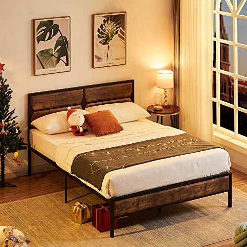 VECELO Queen Bed Frame Heavy Duty Metal Platform with Wooden Headboard Footboard Mattress Foundation 12 Strong Steel Slats Support Under Bed Storage/Easy Assemble